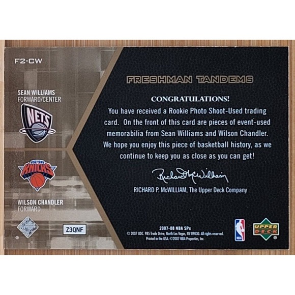 2007-08 SPX SEAN WILLIAMS WILSON CHANDLER GAME USED RELIC FRESHMEN TANDEMS - Picture 2 of 2